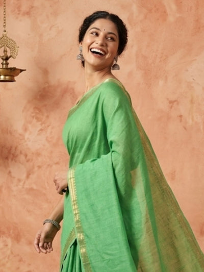 Indiehaat | Hand Dyed Kota Banarasi Silk Saree Green