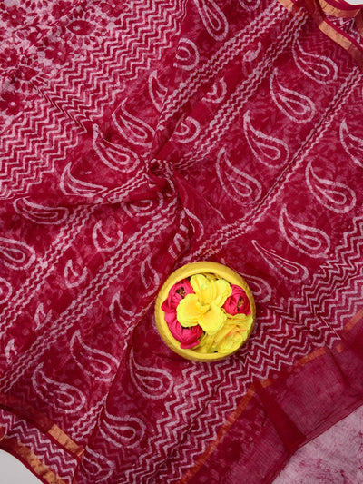 Indiehaat|Kota Doria Handloom Batik Saree Red