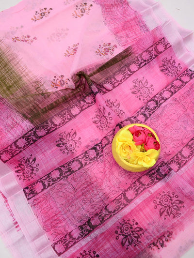 Indiehaat | Kota Doria Blockprint Saree Pink