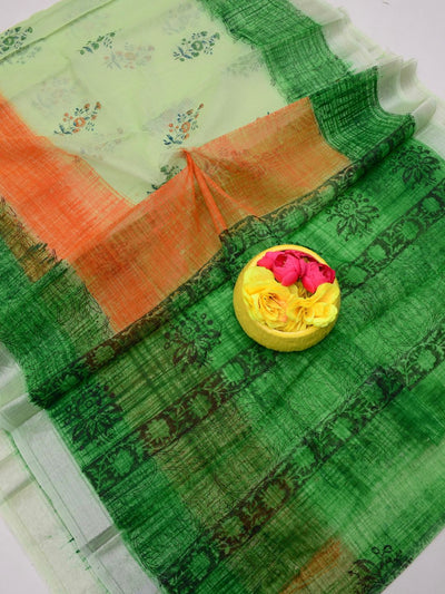 Indiehaat | Kota Doria Blockprint Saree Green