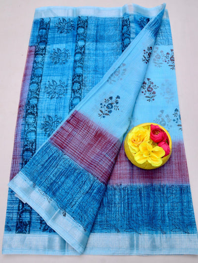 Indiehaat | Kota Doria Blockprint Saree Blue