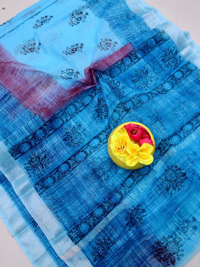Indiehaat | Kota Doria Blockprint Saree Blue
