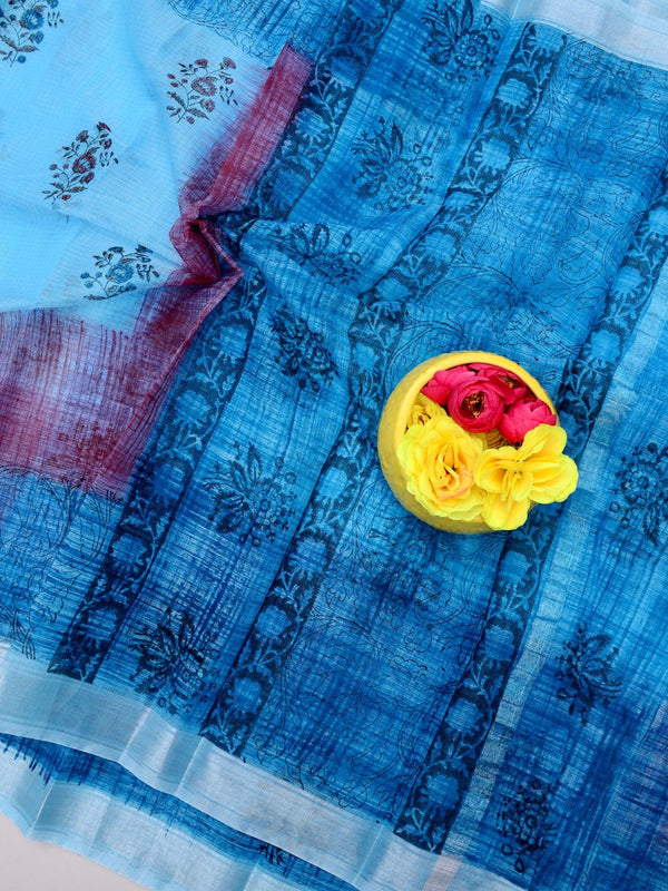 Indiehaat | Kota Doria Blockprint Saree Blue