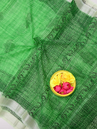 Indiehaat | Kota Doria Blockprint Saree Green