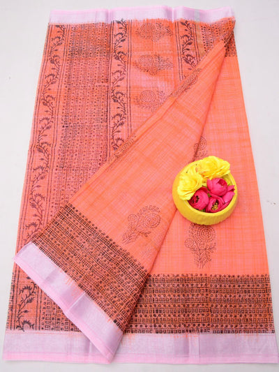 Indiehaat | Kota Doria Blockprint Saree Peach