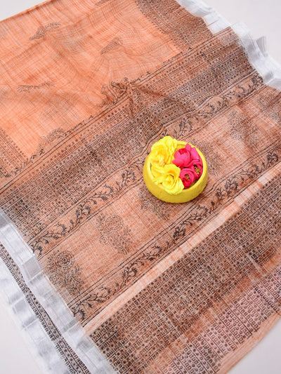 Indiehaat | Kota Doria Blockprint Saree Peach