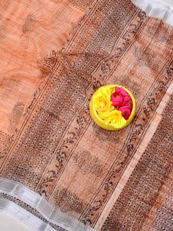 Indiehaat | Kota Doria Blockprint Saree Peach