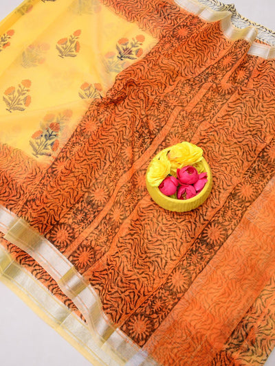 Indiehaat | Kota Doria Blockprint Saree Yellow