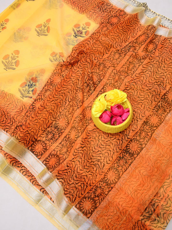 Indiehaat | Kota Doria Blockprint Saree Yellow