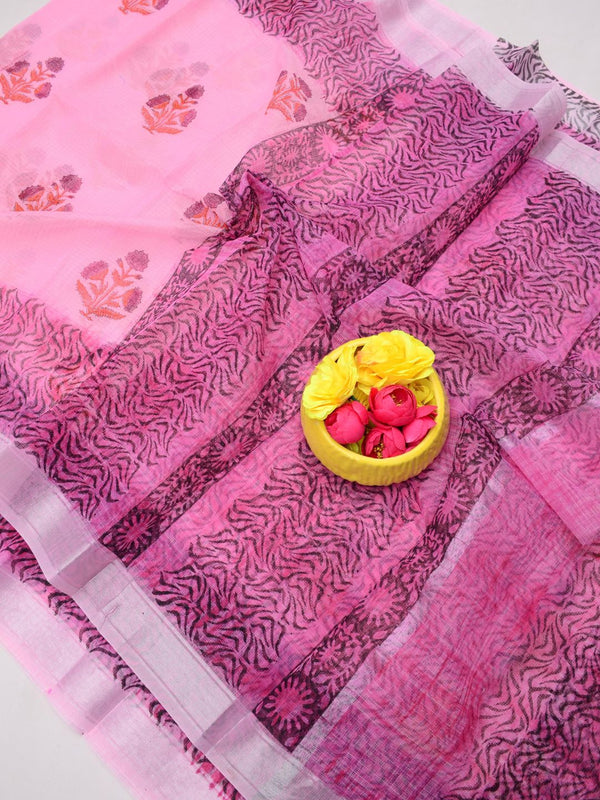 Indiehaat | Kota Doria Blockprint Saree Pink