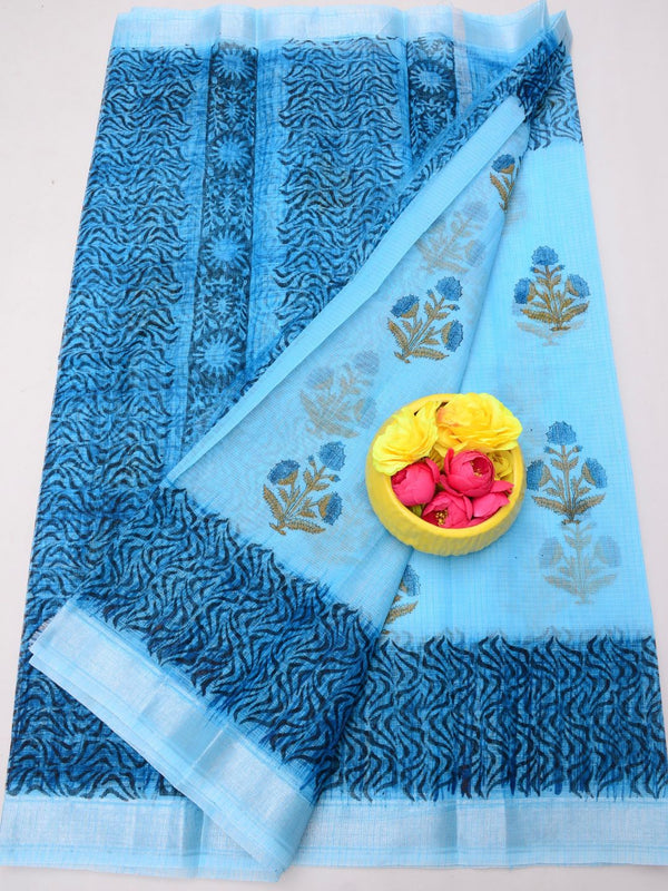 Indiehaat | Kota Doria Blockprint Saree Blue
