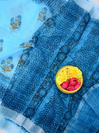 Indiehaat | Kota Doria Blockprint Saree Blue