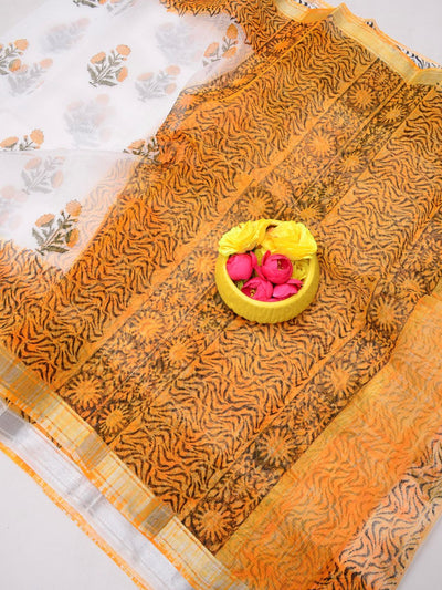 Indiehaat | Kota Doria Blockprint Saree White