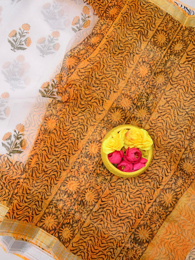 Indiehaat | Kota Doria Blockprint Saree White