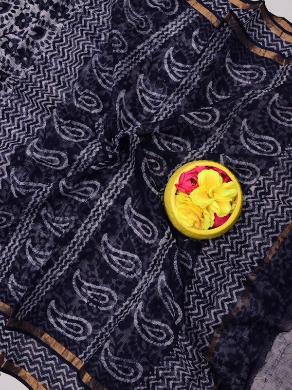 Indiehaat | Kota Doria Blockprint Saree Black