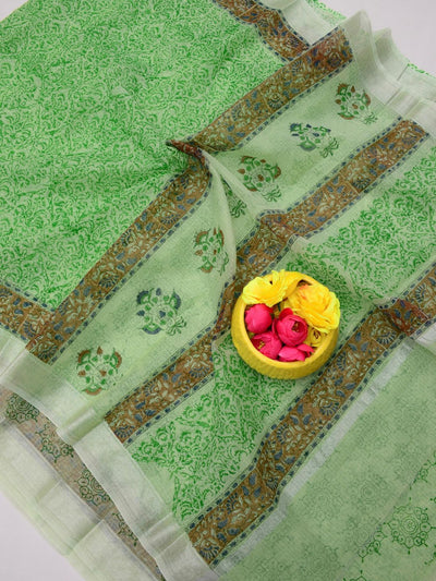 Indiehaat | Kota Doria Blockprint Saree Green