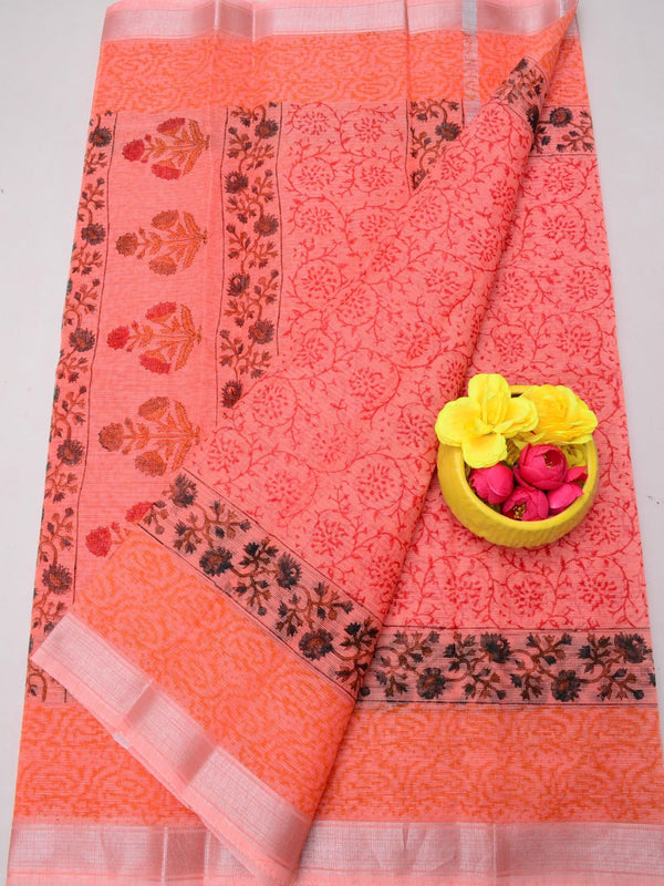 Indiehaat | Kota Doria Blockprint Saree Peach