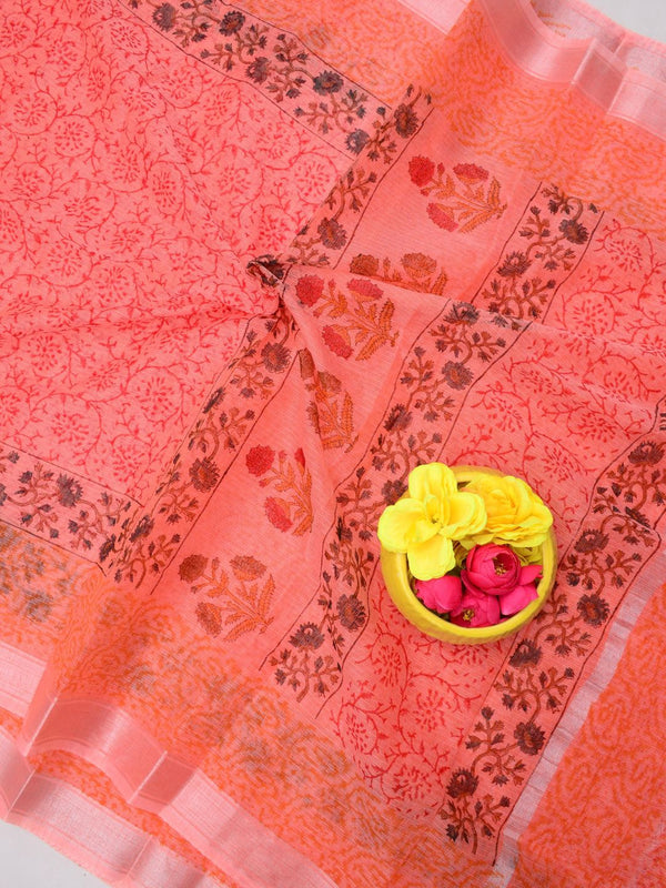 Indiehaat | Kota Doria Blockprint Saree Peach