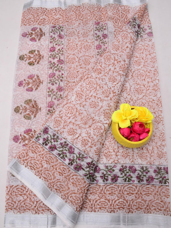 Indiehaat | Kota Doria Blockprint Saree White