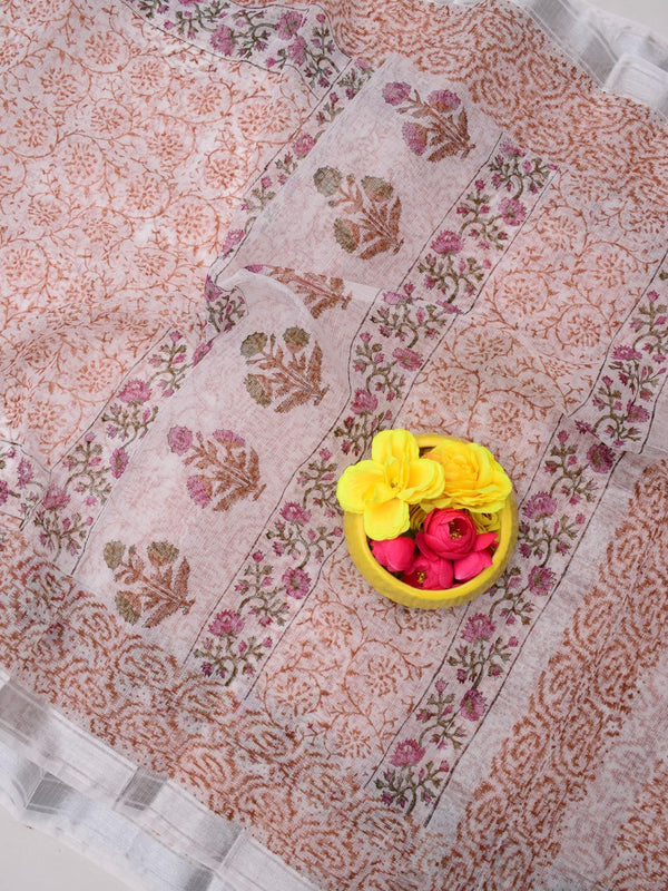 Indiehaat | Kota Doria Blockprint Saree White