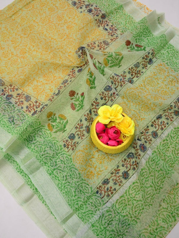 Indiehaat | Kota Doria Blockprint Saree Yellow