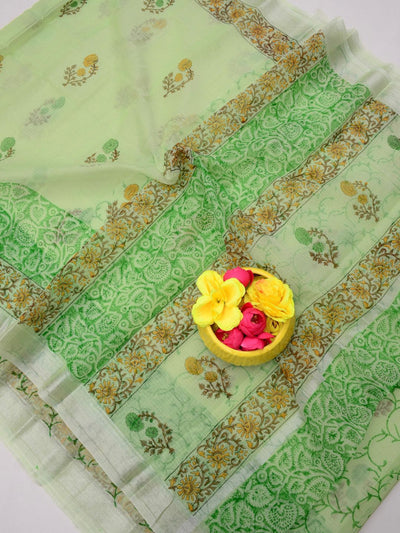 Indiehaat | Kota Doria Blockprint Saree Green