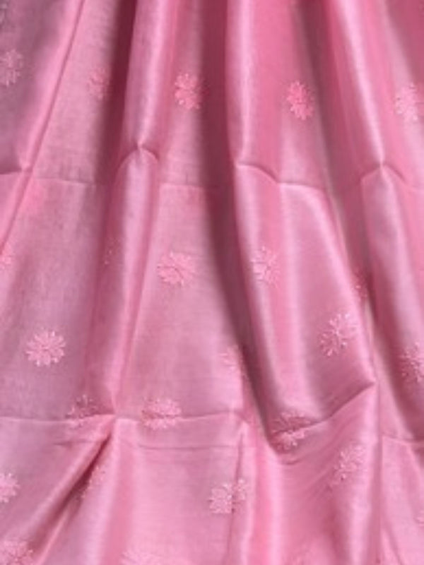 Indiehaat | Chikankari Pure Chanderi Silk Saree Pink
