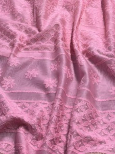 Indiehaat | Chikankari Pure Chanderi Silk Saree Pink