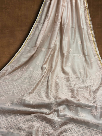 Indiehaat | Chikankari Pure Chanderi Silk Saree Purple