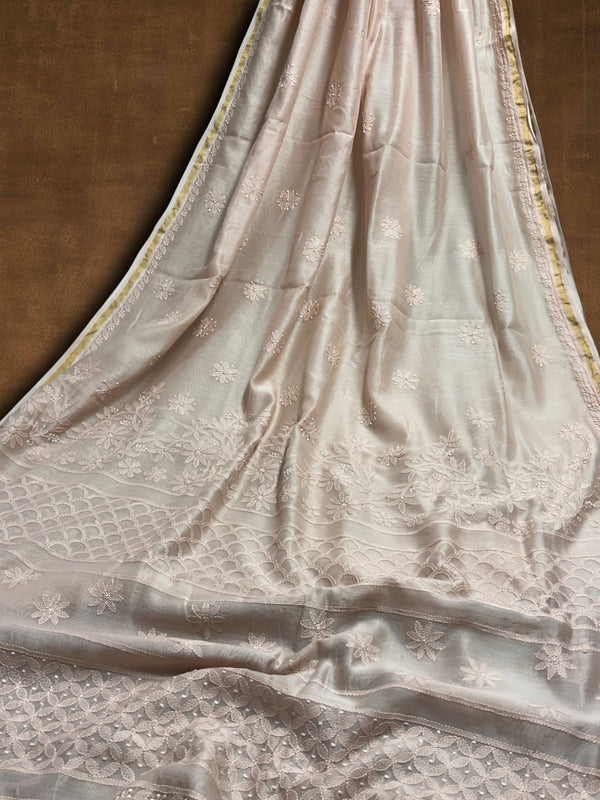 Indiehaat | Chikankari Pure Chanderi Silk Saree Purple