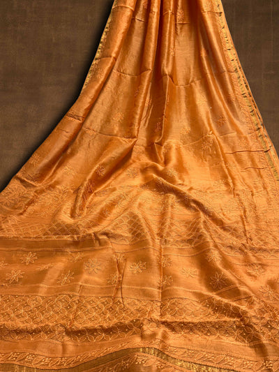 Indiehaat | Chikankari Pure Chanderi Silk Saree Orange