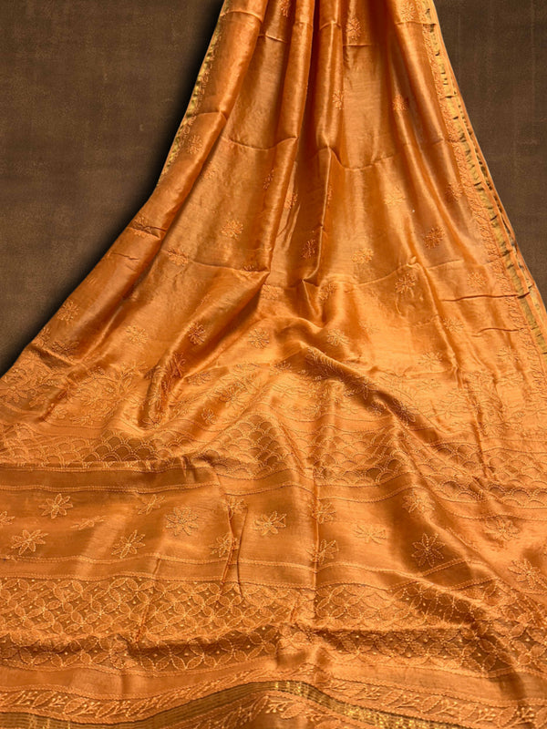 Indiehaat | Chikankari Pure Chanderi Silk Saree Orange