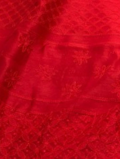 Indiehaat | Chikankari Pure Chanderi Silk Saree Red