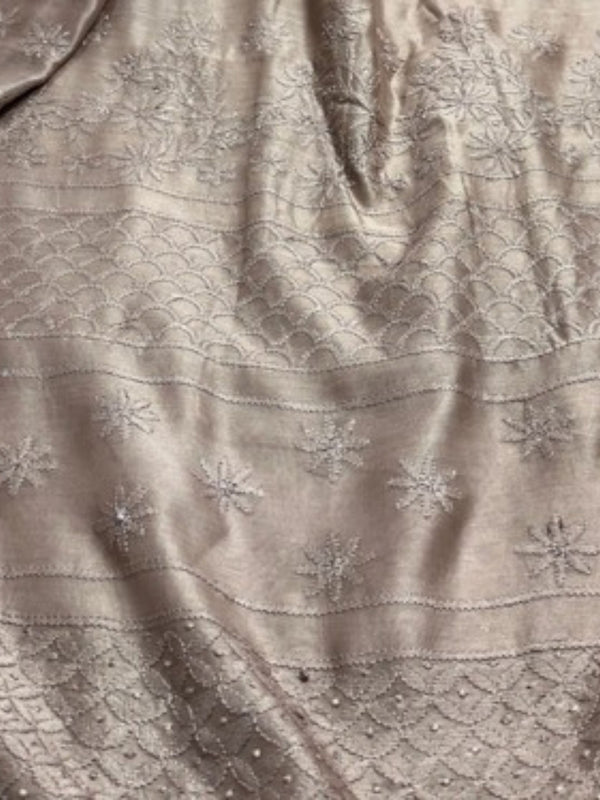 Indiehaat | Chikankari Pure Chanderi Silk Saree Beige