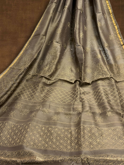 Indiehaat | Chikankari Pure Chanderi Silk Saree Brown