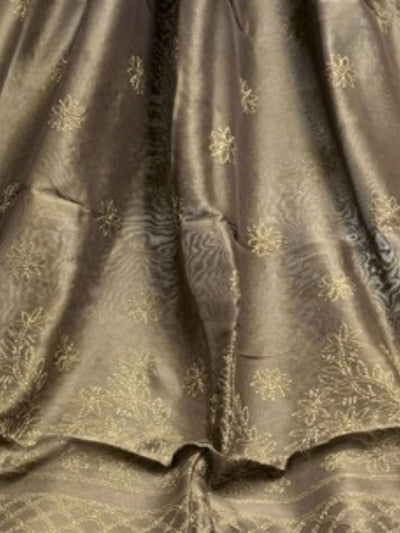 Indiehaat | Chikankari Pure Chanderi Silk Saree Brown