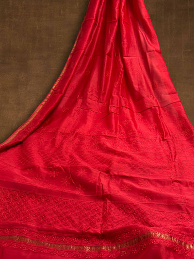 Indiehaat | Chikankari Pure Chanderi Silk Saree Red