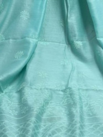 Indiehaat | Chikankari Pure Chanderi Silk Saree Green