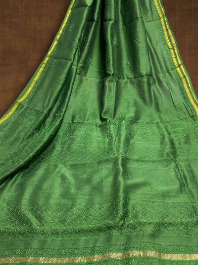 Indiehaat | Chikankari Pure Chanderi Silk Saree Green