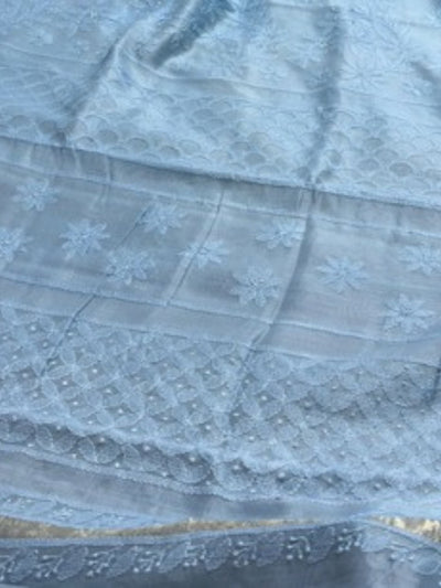 Indiehaat | Chikankari Pure Chanderi Silk Saree Blue