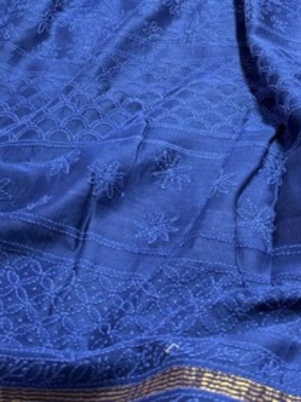 Indiehaat | Chikankari Pure Chanderi Silk Saree Blue