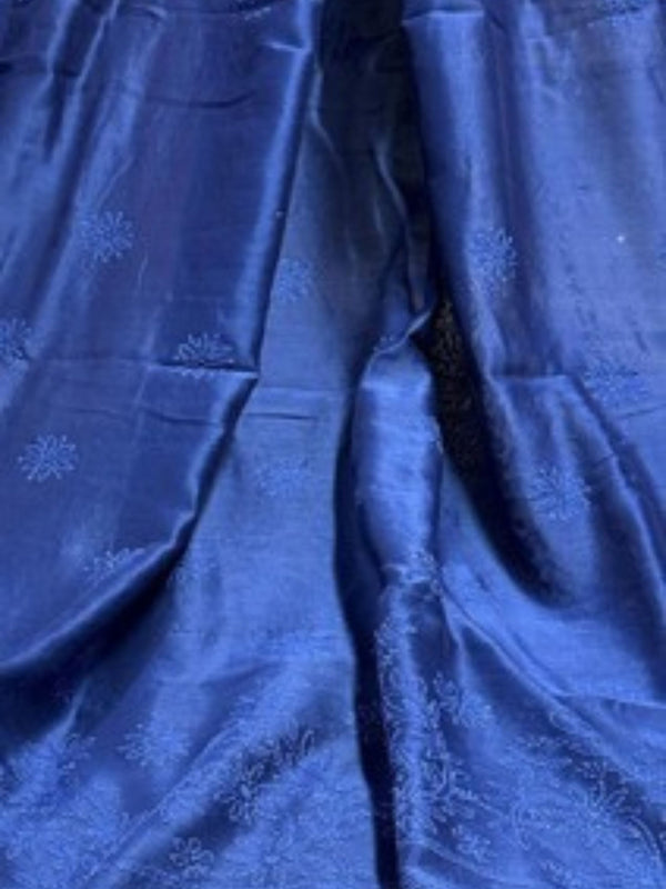 Indiehaat | Chikankari Pure Chanderi Silk Saree Blue