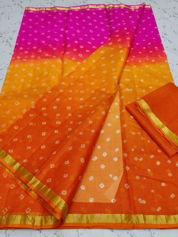 Indiehaat | Kota Silk Bandhej Saree Orange Pink