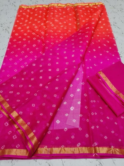 Indiehaat | Kota Silk Bandhej Saree Pink Orange