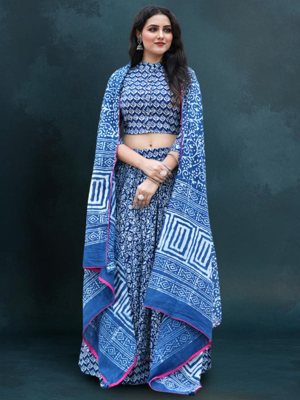 Indiehaat | Blockprinted Cotton Lehanga Choli Blue