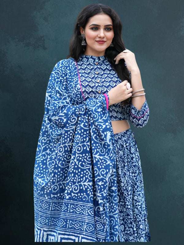 Indiehaat | Blockprinted Cotton Lehanga Choli Blue