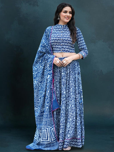 Indiehaat | Blockprinted Cotton Lehanga Choli Blue