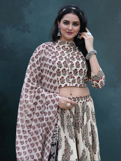 Indiehaat | Blockprinted Cotton Lehanga Choli Beige