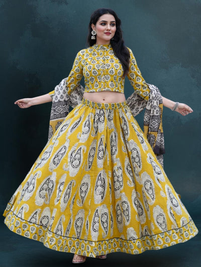 Indiehaat | Blockprinted Cotton Lehanga Choli Yellow