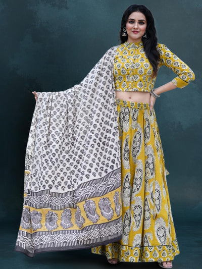 Indiehaat | Blockprinted Cotton Lehanga Choli Yellow